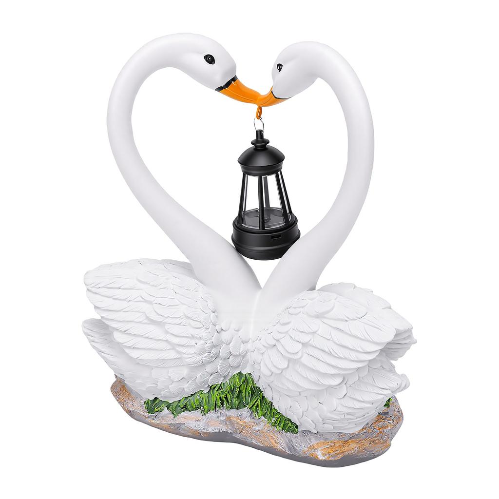 Solar Swan Garden Statue with Hanging Lantern Light Romantic Swan Couple Outdoor Solar Light Resin Water Proof Yard