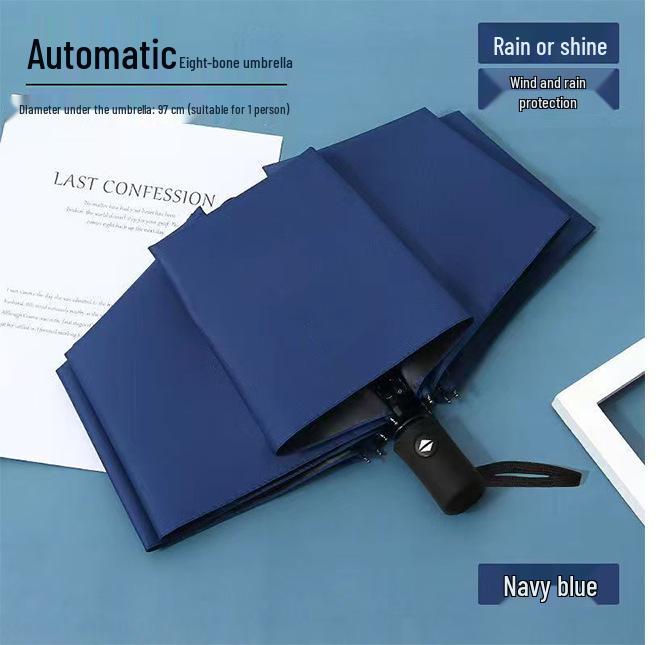 Vollautomatischer dreifach faltbarer UV-Schutz-Schirm mit schwarzem Kleber und Logo für Regen oder Sonne