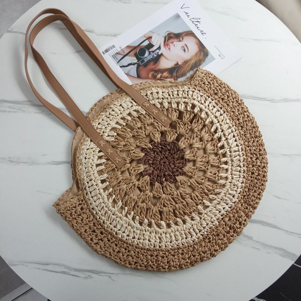 Women's Round Crochet Straw Tote with Leather Belt Accent for Casual Travel and Vacation