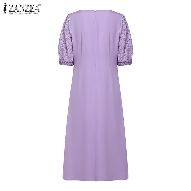 ZANZEA Women Casual Round Neck Loose Lace Patchwork Half Sleeve Dress