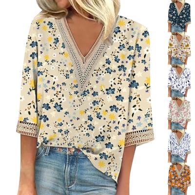 Women's Shirt Blouse Casual Loose Shirts 3/4 Sleeve Lace Trims Print V Neck Tops Print Tops T-shirts Tee