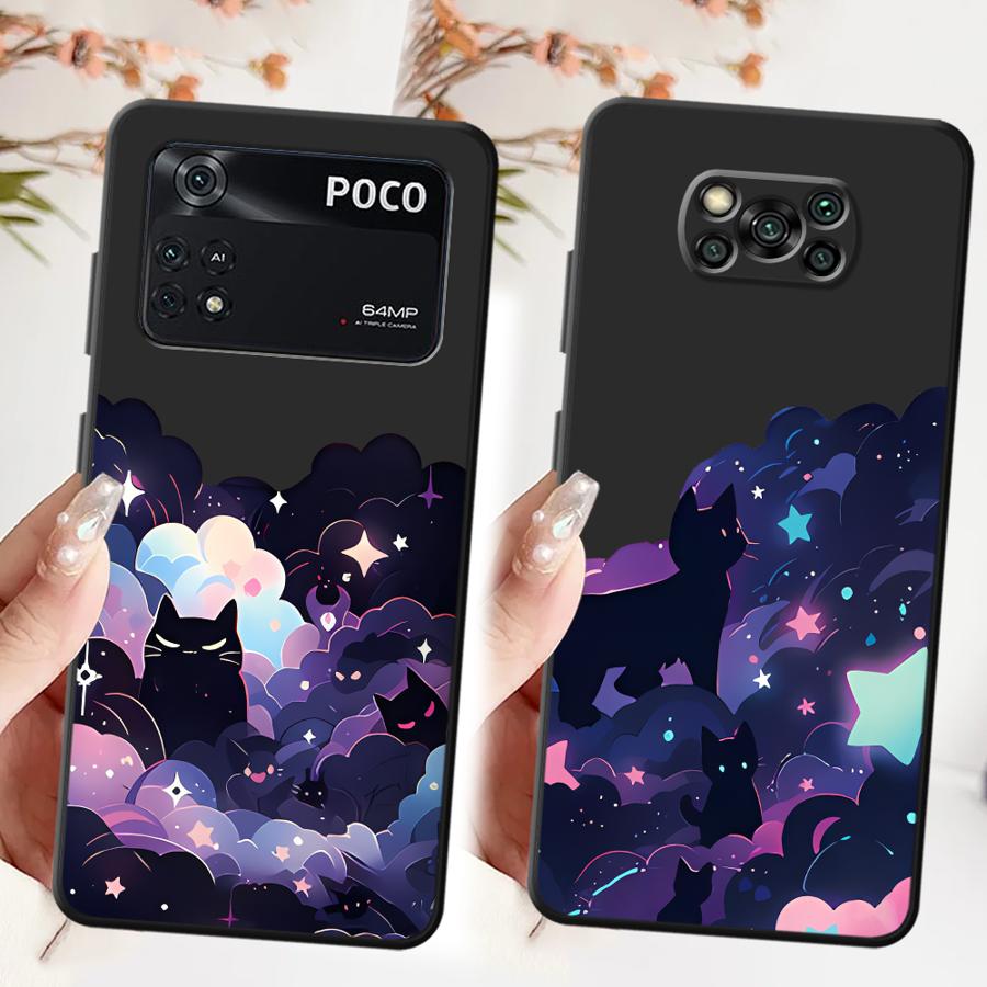 Schwarze Katze Sternennacht Hülle Handyhülle Case für Xiaomi Poco F8 F1 M5 C75 M3 M4 M7 Pro C50 X3 X4 X5 X7 Pro F3 C61 C71