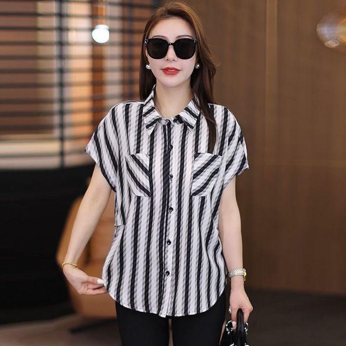 

High-end shirt women s 2025 short-sleeved summer new temperament fashion striped thin shirt top 3XL（150-165）