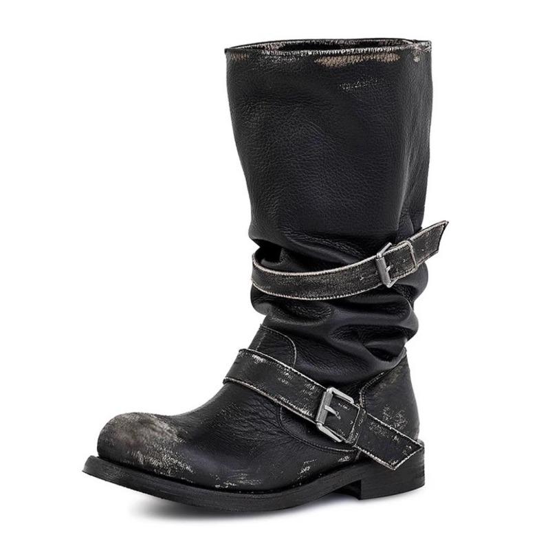 Chaussures à boucle de ceinture, Bottes rétro mi-mollet à talons épais, Bottes de niche pour filles