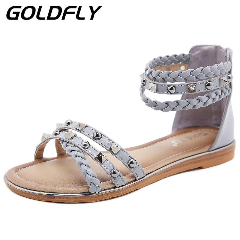 

Женские сандалии высокого качества, туфли-гладиаторы на плоской подошве, женская элегантная повседневная летняя обувь с заклепками для девочек