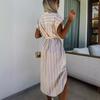Women's Shirt Collar Cap Sleeve Striped Loose Fit Tie Waist Midi Shirt Dress