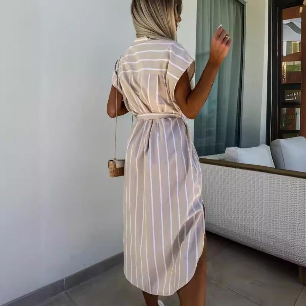 Women's Shirt Collar Cap Sleeve Striped Loose Fit Tie Waist Midi Shirt Dress