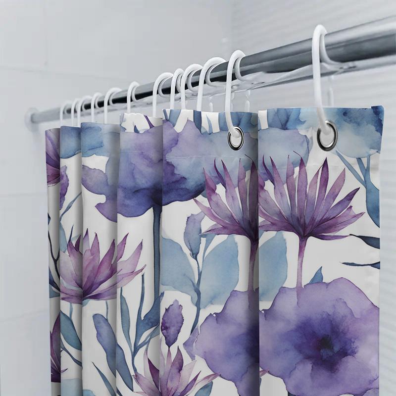 Lila Blau Aquarell Floral Duschvorhang Badezimmer Dekor Hängend Wasserdicht Duschbadematte Fliesenwandaufkleber Heimdekorat
