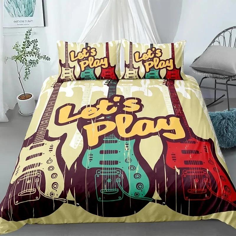 Music Guitar Bedding Set King Queen Heavy Metal Punk Rock Duvet Cover for Teen Boy Musical Note Polyester Comforter Cover