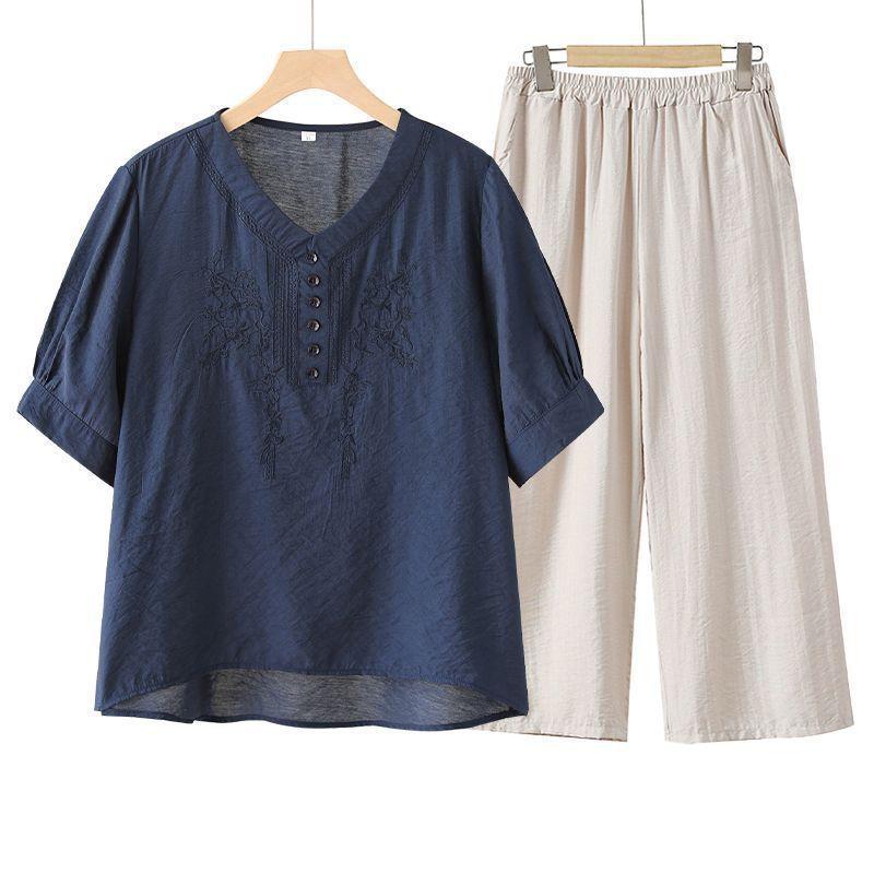 

Linen Rayon Embroidered Short Sleeve Women s T-Shirt Set Comfortable Casual Style Three-Quarter Pants Summer New Arrival 4XL