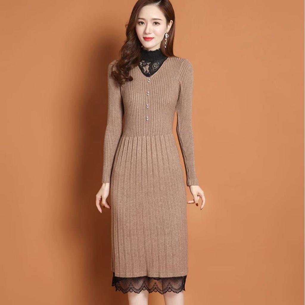 Lace Half Turtleneck Knitted Dress for Women Long-sleeved Solid-color Sweater Dress for Autumn and Winter Casual