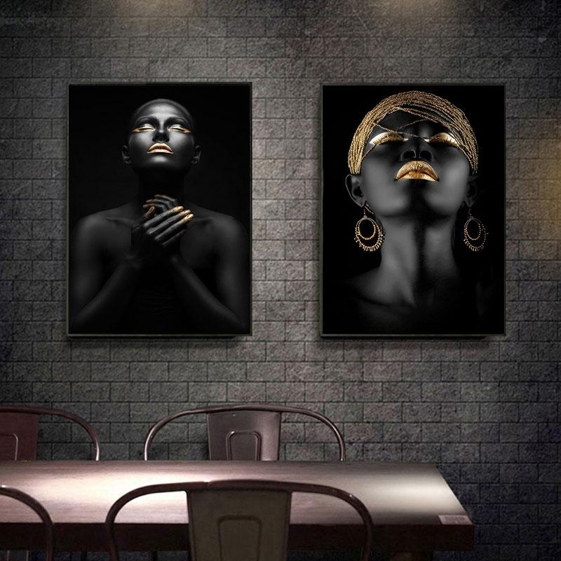 Modelo de maquiagem moderna dourada e preta, mulher africana, pinturas de arte de parede em tela, pôster de menina da moda, impressões para sala de estar, decoração de casa