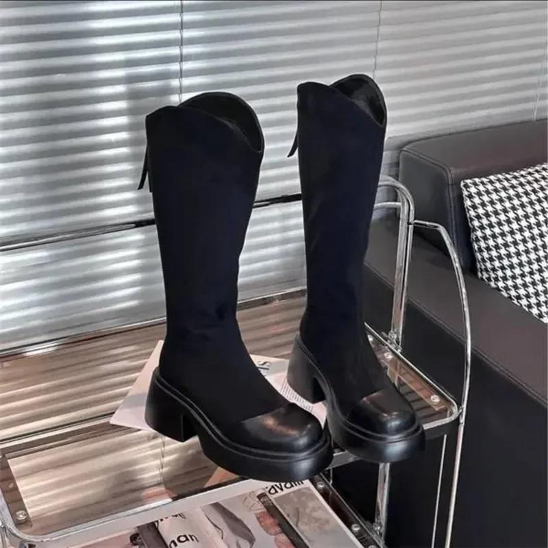 Stretch Women Knee High Boots Fashion Back Zippers Long Booties Autumn Winter Square Heel Ladies Shoes