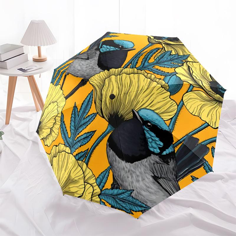 1pc Floral Birds Automatic Open/close Folding Compact Umbrella, 8-Rib Sturdy Canopy, Lightweight Portable, Everyday Use, Gift, Outdoor Umbrella, Trave