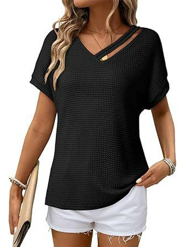 European & American Women's Waffle Knit V-Neck Short Sleeve Shirt
