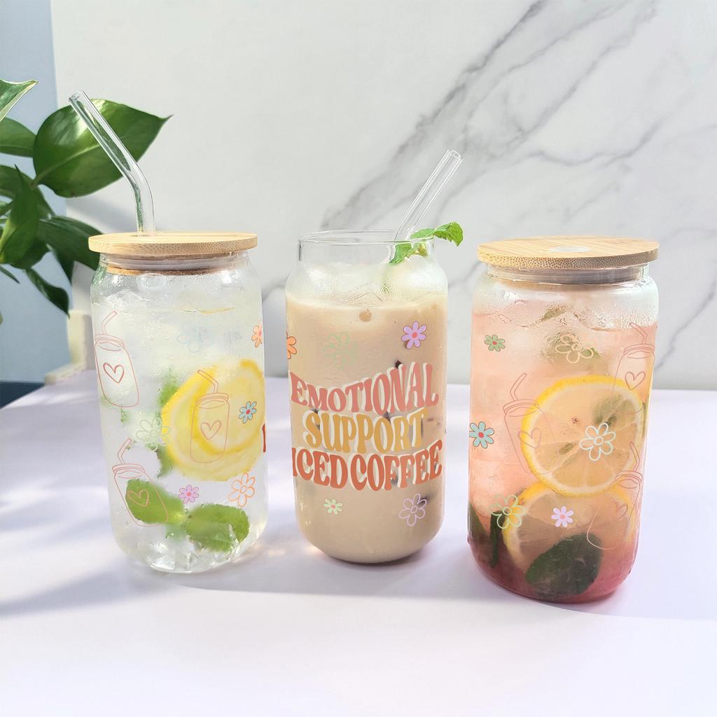16oz "Emotional Support" Sublimeringsglasburk med bambulock och sugrör Kaffekopp Juice Glasflaska Sommar Vinter Dryckesglas