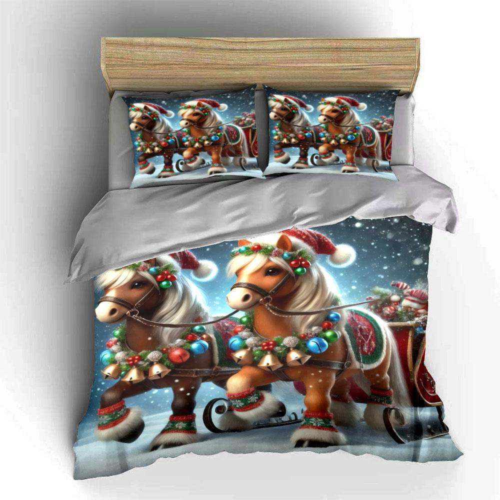 Christmas Horses Sleigh Design Bedding Duvet Cover Set  (1*Duvet Cover 2*Pillowcases, Without Duvet Insert)