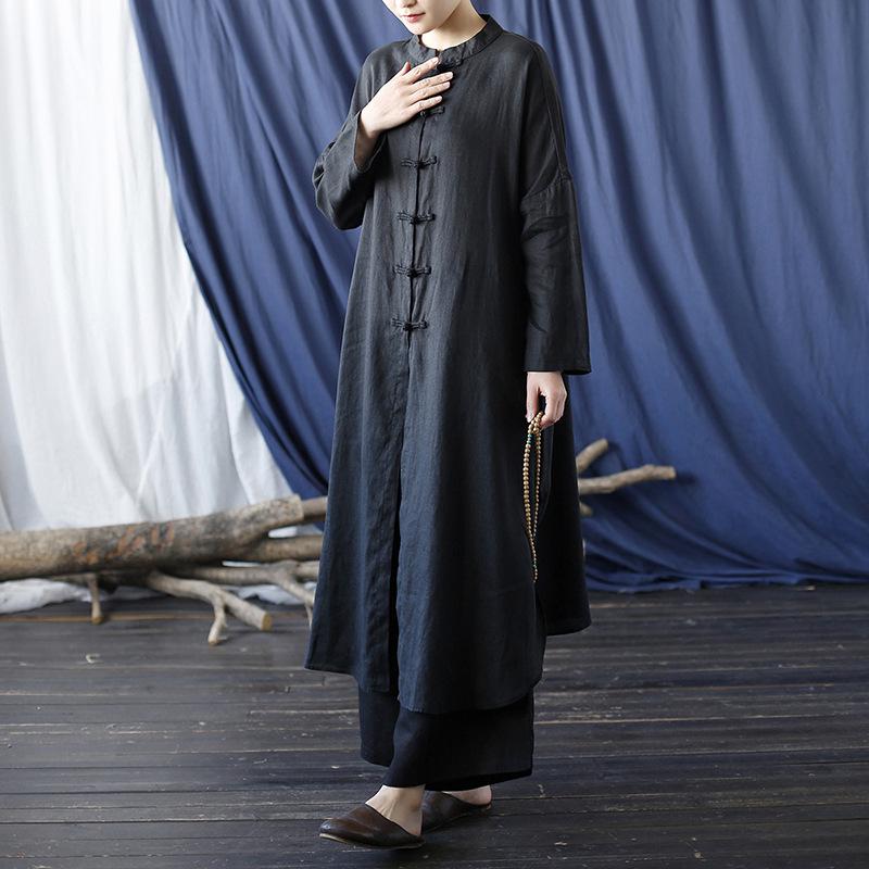 Xi Mo Women's Retro Linen Stand-Collar Cardigan Dress