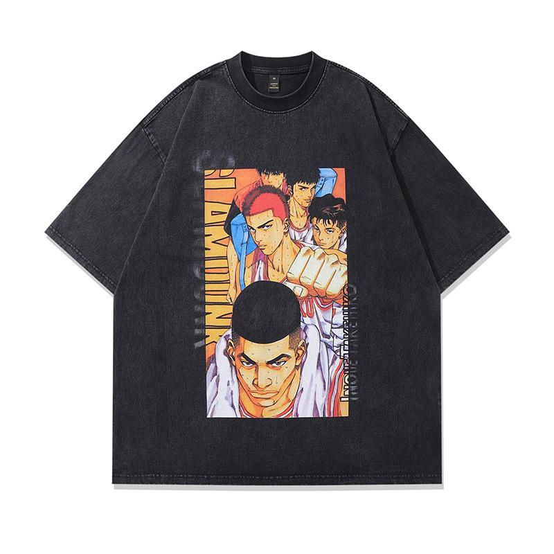 Harajuku Anime Print Washed Old Short-Sleeved T-Shirt Men'S American Retro Ins Street Tide Brand Casual Base