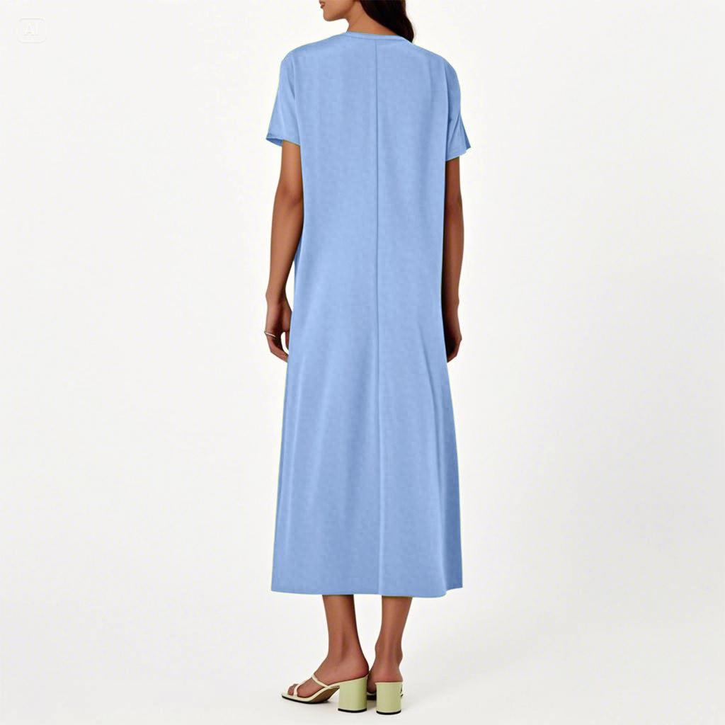 Fashion Women's Solid Color V-neck Long Dress Loose