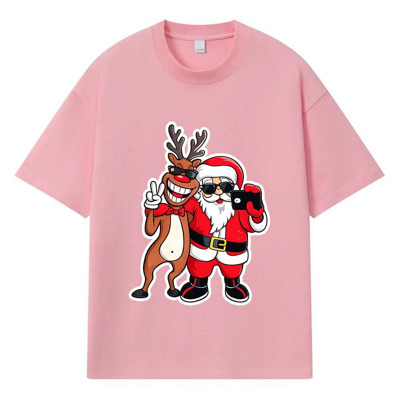 2026 Weihnachtsmann und Rentier Bedrucktes Grafik Y2k Harajuku Streetwear 100% Baumwolle T-Shirt Lässig Übergroß Sommer Herren T-Shirt