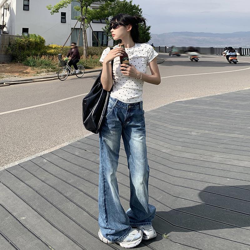 

Джинсы клеш с низкой посадкой в стиле ретро 2024 для женщин - Универсальная, стильная уличная одежда для весны и осени XS