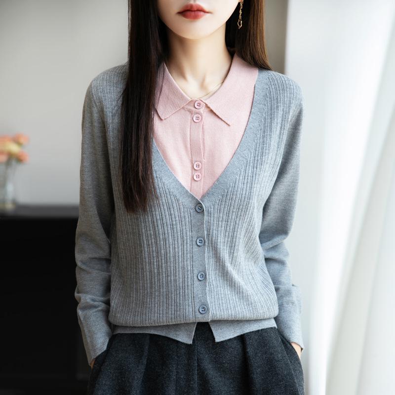 

2025 A/W Women’s Loose Knit Cardigan – Polo Collar, Layered Look, Long Sleeve Outerwear Large