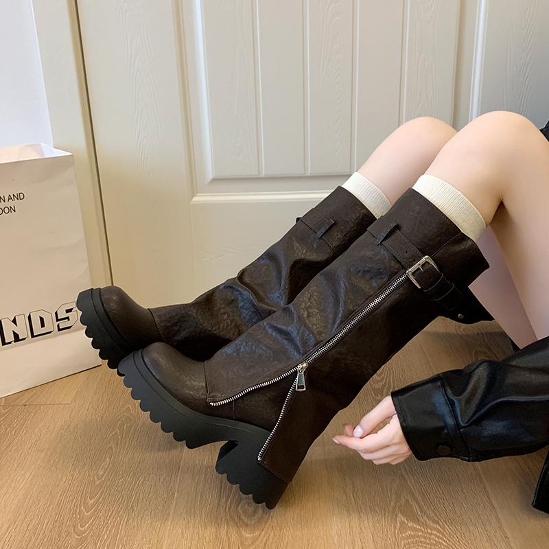 Fashion Winter Women Biker Boots Fashion Belt Buckle Ladies Elegant Platform Long Pipe Booties Casual Women's Knee High Booties