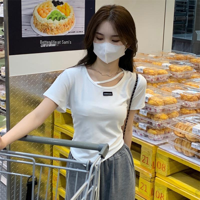 Women's 2024 Irregular Design Short-Sleeve T-Shirt - Korean Summer Style, Pure & Sexy White Spicy Girl Top