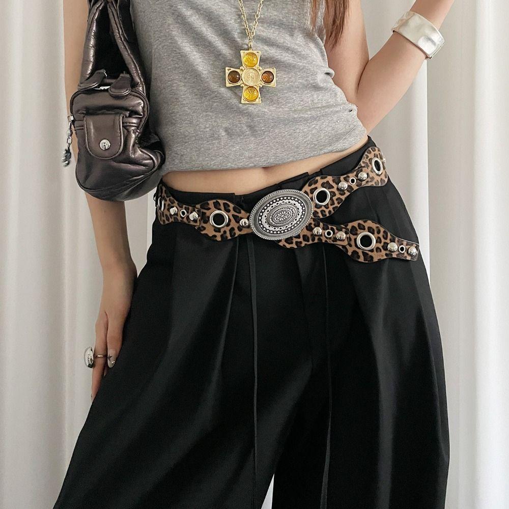 Gothic Women's Rivet Belt Leopard Dress Jeans Belt Niche Leather Waistband  Waist Belt