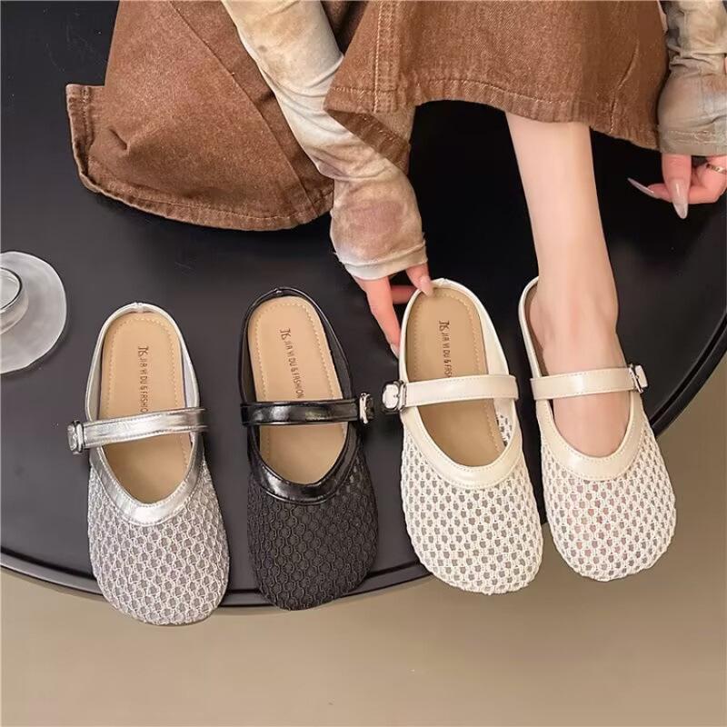 Hollow bag head half slippers women's 2025 summer new belt buckle comfortable versatile temperament women's flat bottom cool slippers