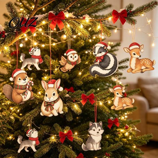 Christmas Atmosphere Hanging Props 12/24Pcs 2D Wooden Ornaments, Woodland Animal Decorations, Forest Tree Ornaments Creature Ornament for Tree,