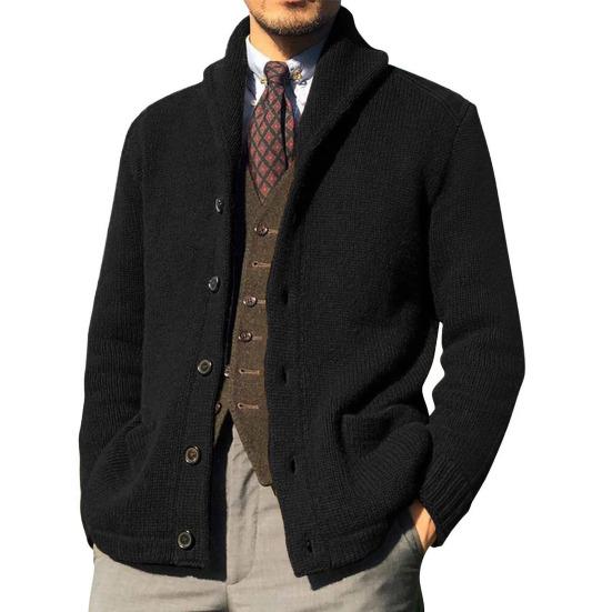 Lapela Manga Longa Bolsos Punhos Canelados Cardigã Suéter Espesso Masculino Outono Inverno