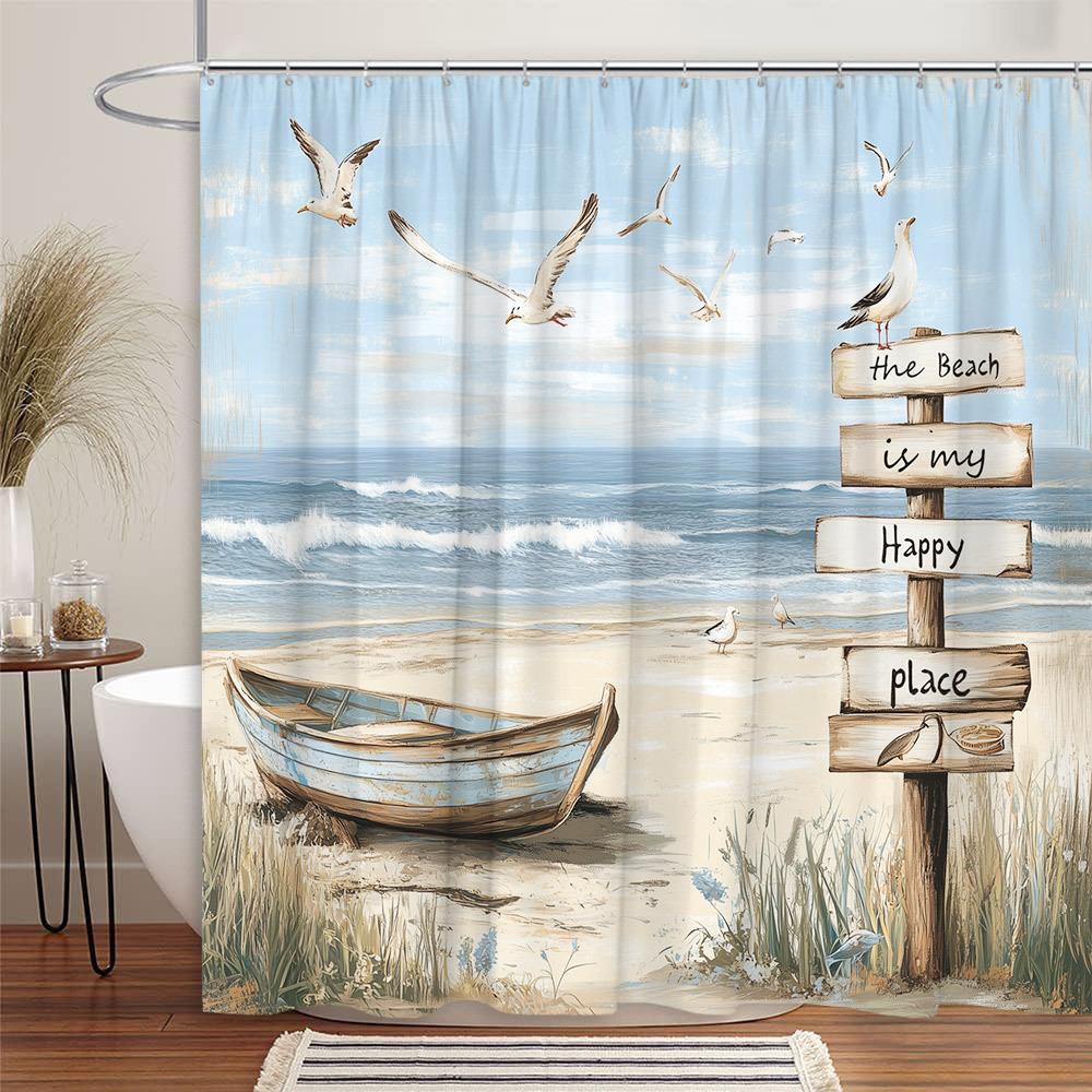 Seaside Beach with Boats and Driftwood Shower Curtain for Bathroom Decor, Perfect for Adding Coastal Charm