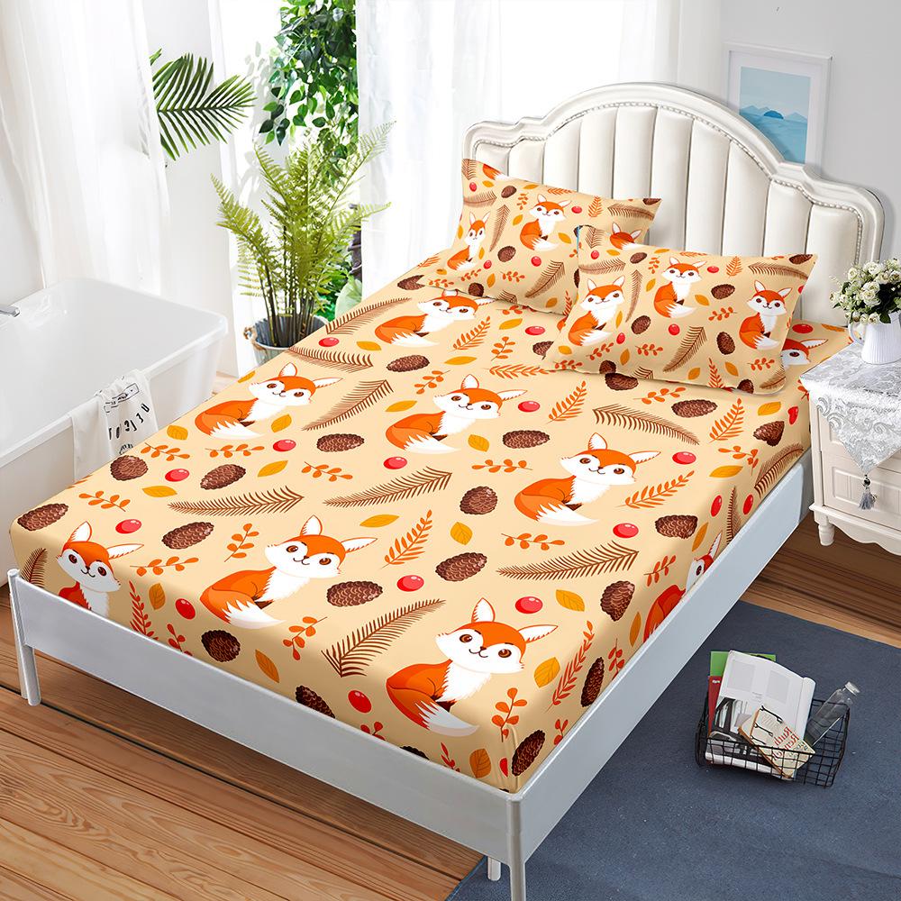 Sheet Three-Piece Bedspread Pillowcase Little Fox Pumpkin Thanksgiving Mattress Protective Cover