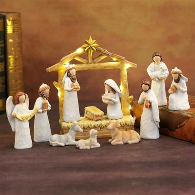12Pcs LED Nativity Scene Set Resin Christmas Manger Angel Figurines with Star Light Holiday Tabletop Decor for Home Church