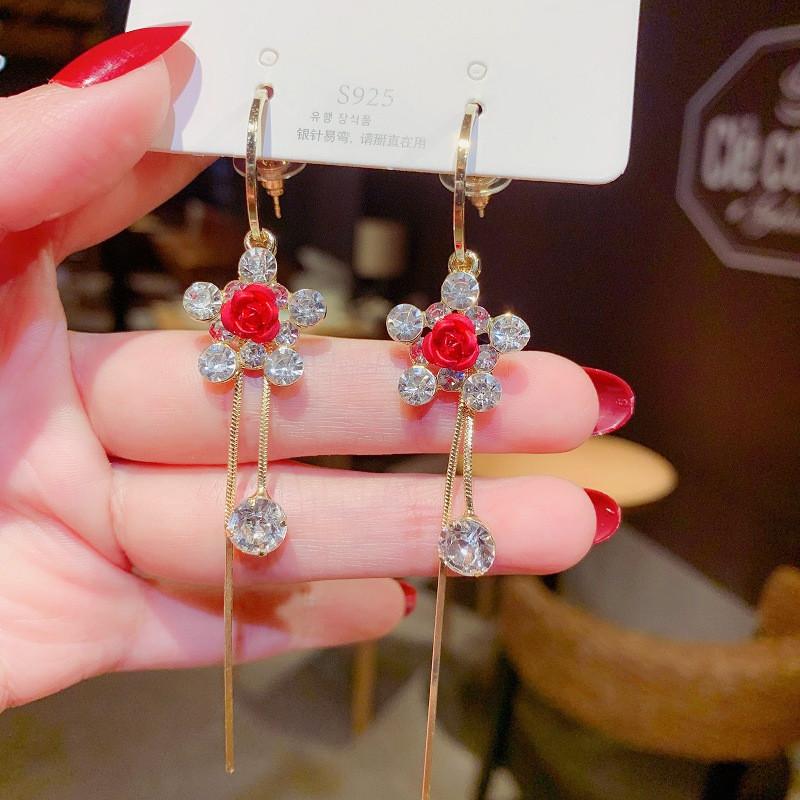 

Новинка 2023 года, изысканные серьги-подвески с красной розой для женщин, модная цепочка с кисточками, блестящие серьги-капли с цирконом, женские ювелирные изделия