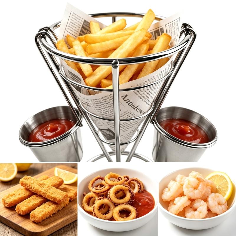 French Fry Holder Stand Cone Shape Metal Wire Basket with Sauce Dippers Cup for Home Parties/Backyard Picnics/Appetizers