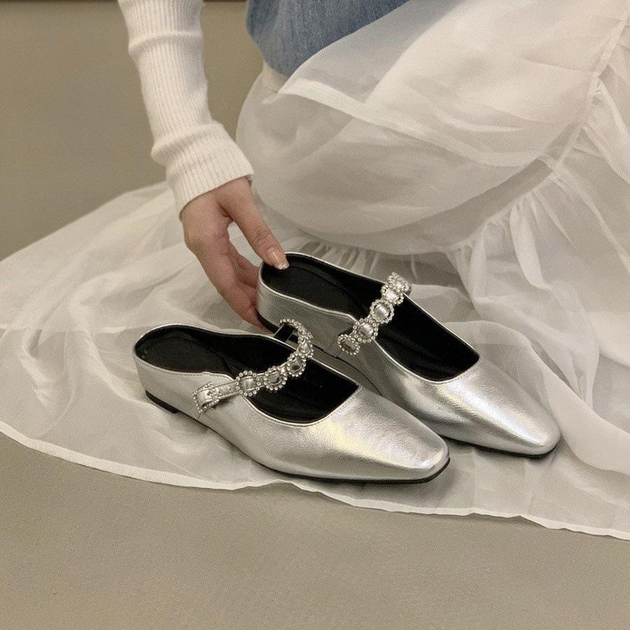 Inner heightening thick-soled silver evening bag head half slippers fairy shoes outer wear 2025 spring and summer Mary Jane single shoes
