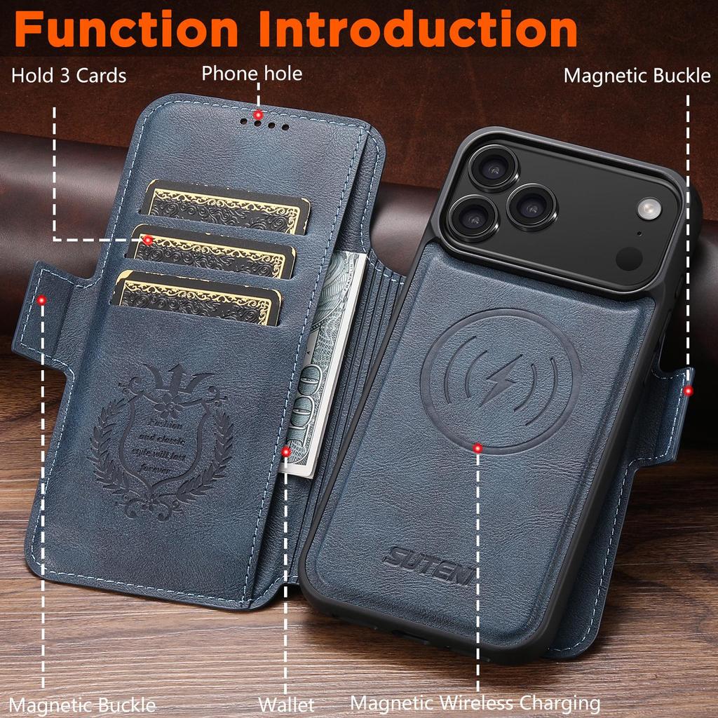 iPhone 17 Pro Max Flip Case: Card Slot, Magnetic Snap, Wireless Charging Stand, Leather 2-in-1 Design