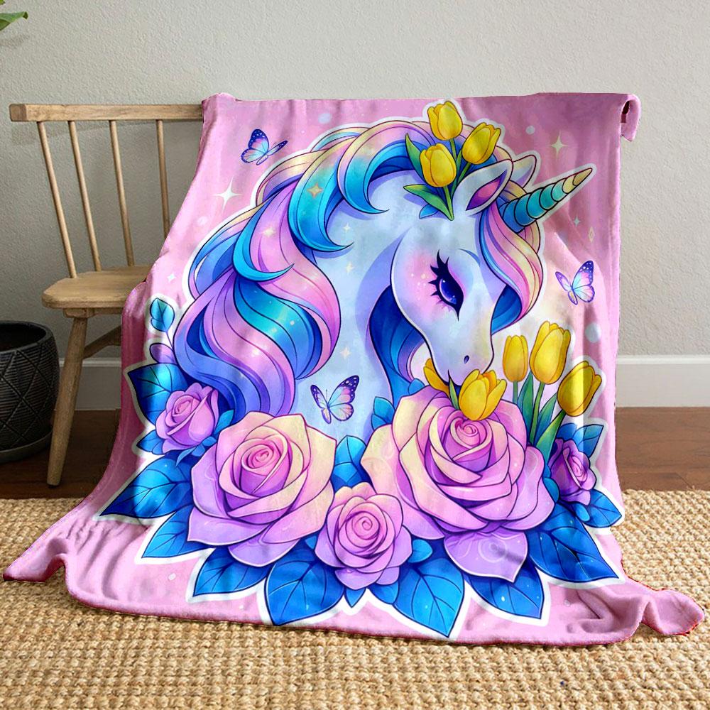 1PC Unicorn Flower Pink Background Print Warm Comfortable Blanket Home Travel Camping for Adults and Kids Luxury Gifts