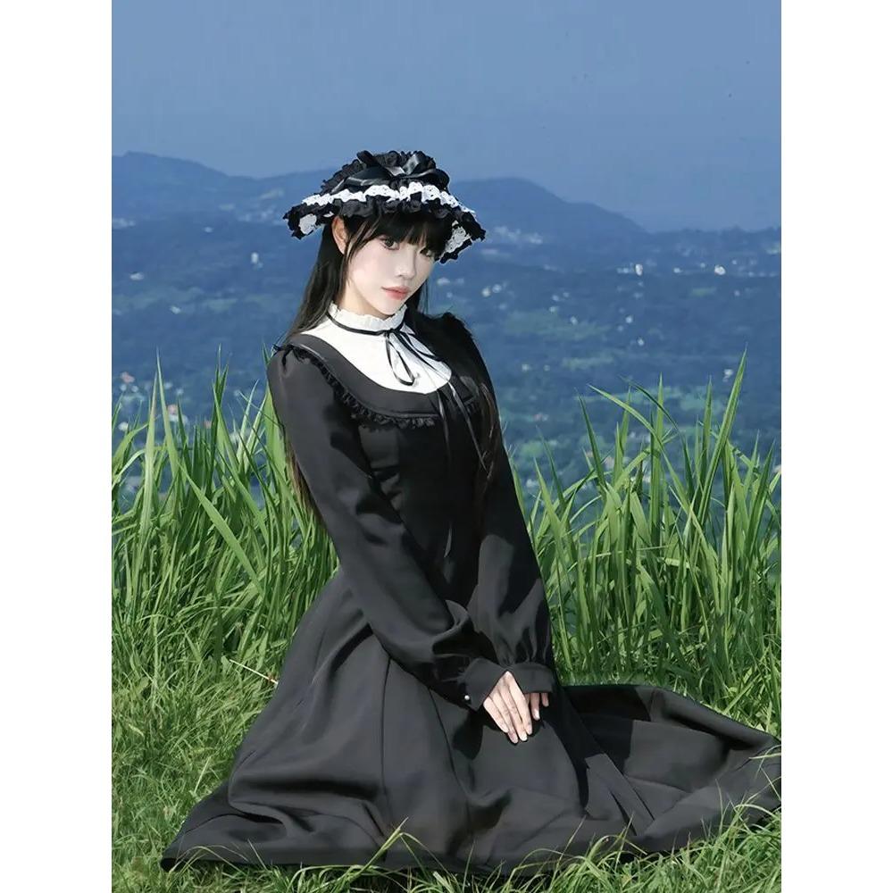 Vintage Balck Y2k Midi Dress Sweet Harajuku Gothic Long Sleeve Dress Autumn Winter A Line Lace Dress Women Korean Fashion
