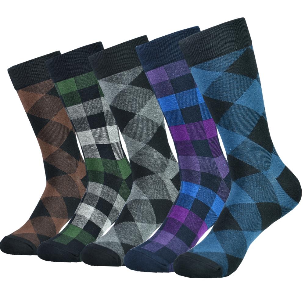 5pairs Mens Cotton Dress Black Argyle Pattern Crew Funny Socks for Men Gifts