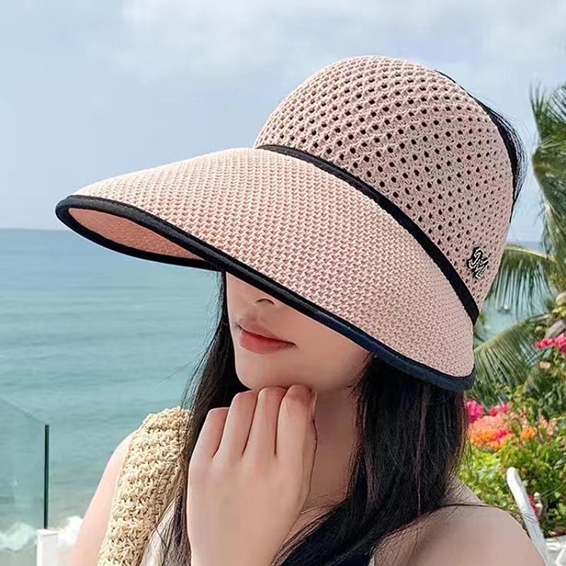 Summer Straw Empty Top Sun Hat For Women Wide Large Brim Visors Hat Travel Sun Hat Women'S Hat Beach Uv Protection Caps