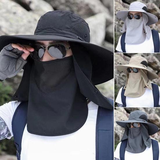 Men Fisherman Hat Wide Brim Breathable Mesh Design Quick-Drying Bucket Hat with Neck Shawl Face Guard Outdoor Fishing Hat