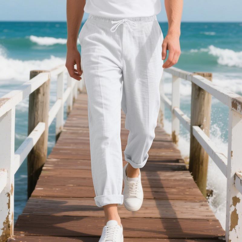 Men s Relaxed-Fit Linen Hip-Hop Beach Sports Wide-Leg Casual Trousers S белый