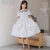 2025 Summer Girls' Short-Sleeve Butterfly Collar Princess Dress - All-Over Print Cotton for Middle & Big Kids