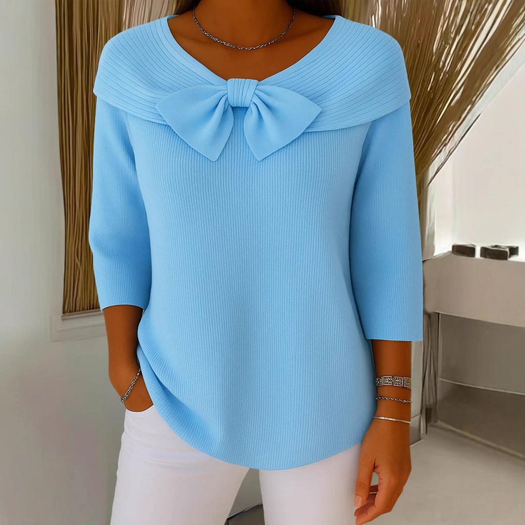 Women's Solid-Color Long-Sleeve Knit Sweater with Bow—Casual, Loose-Fitting, Basic Style