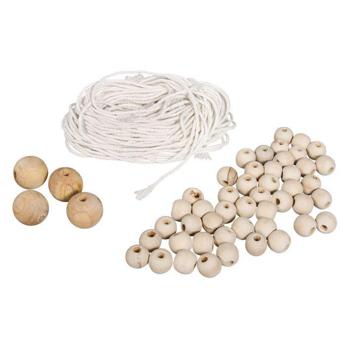 Kit: Perles bois et du fil p. Macramé, ton naturel, 1Set