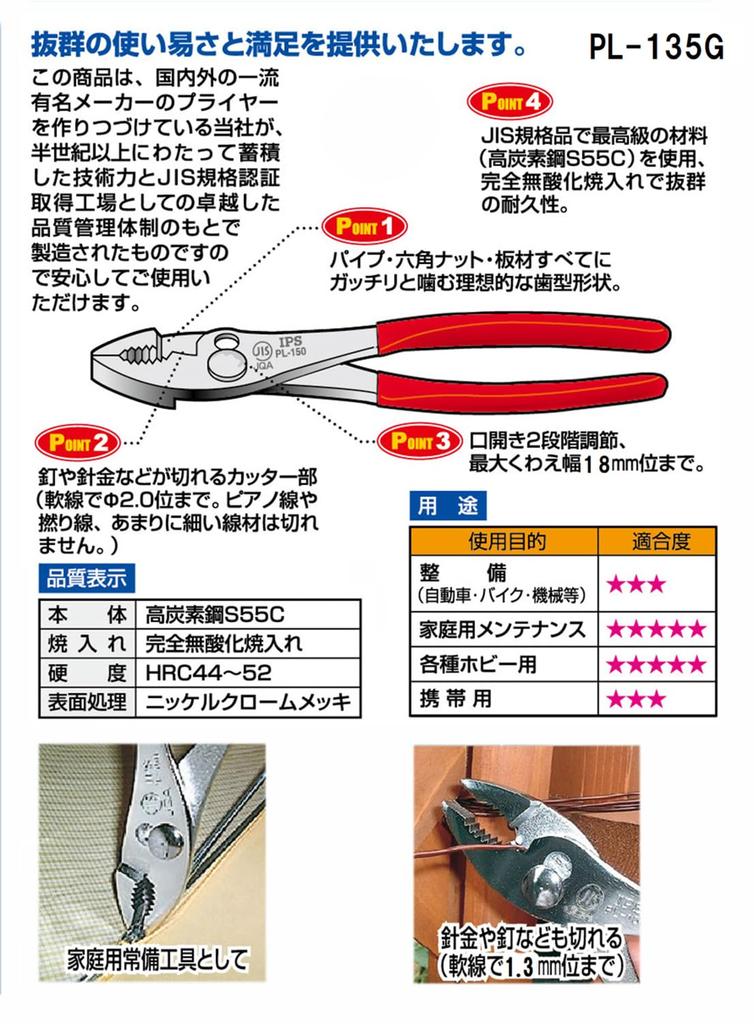 IPS Combination Pliers with Grip 135mm Made In Japan (Igarashi Pliers) PL-135G Tsubame-Sanjo